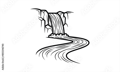 Stylized Waterfall and River Flowing Downstream Black and White Illustration.