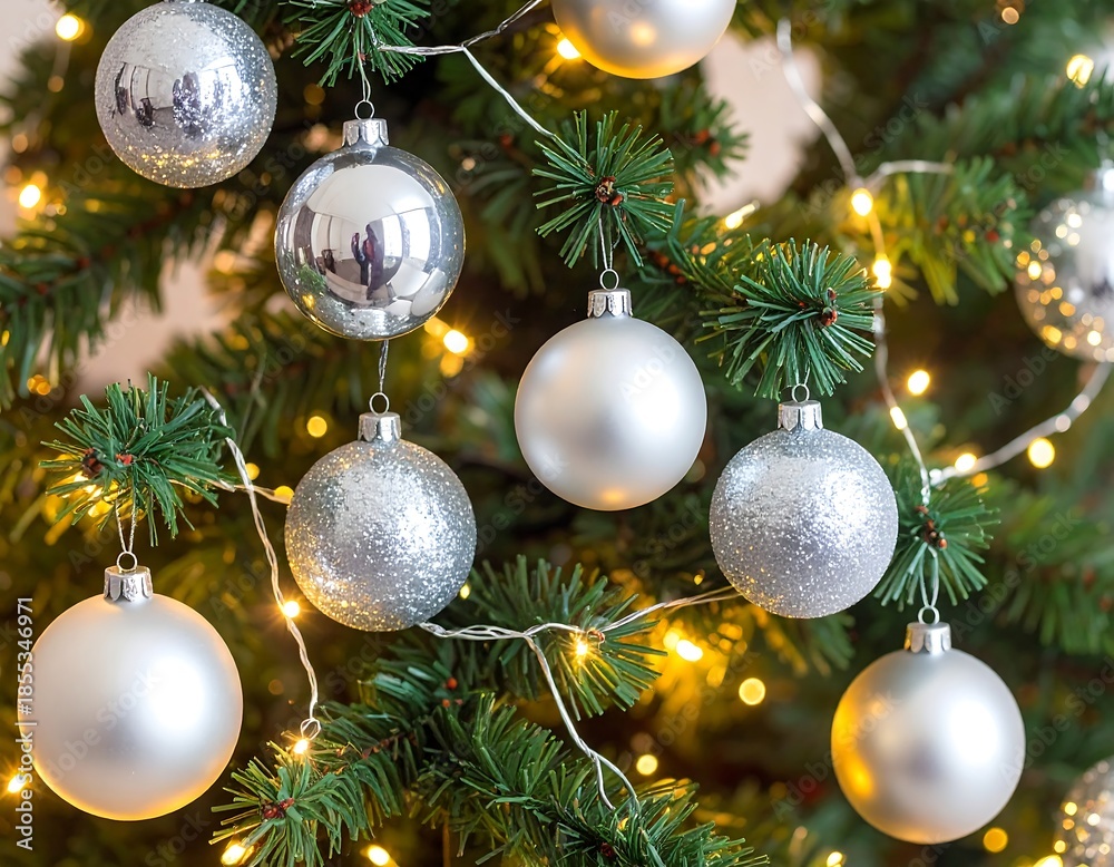 Fototapeta premium Close-up of a decorated evergreen tree with silver ornaments and lights