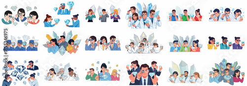 Diverse Gemologists and Jewelers Inspecting Diamonds: A large set of illustrations depicting appraisal, quality control, and luxury stone examination.