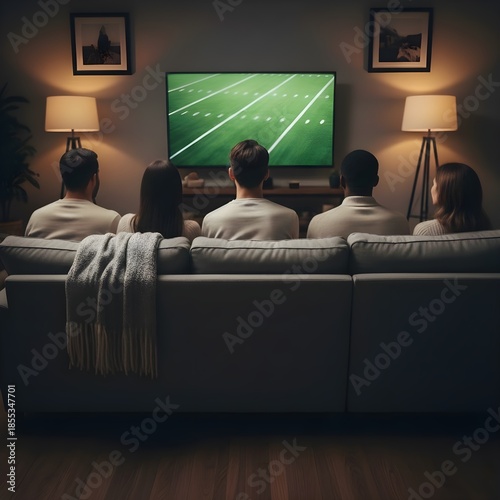 Friends Watching Football Together in Cozy Living Room