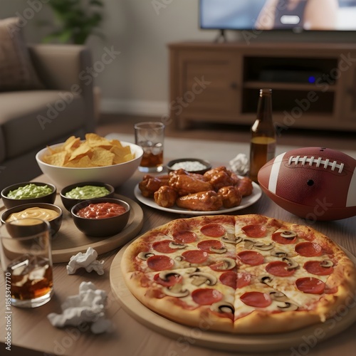Pizza and Snacks on Table for Football Night at Home.