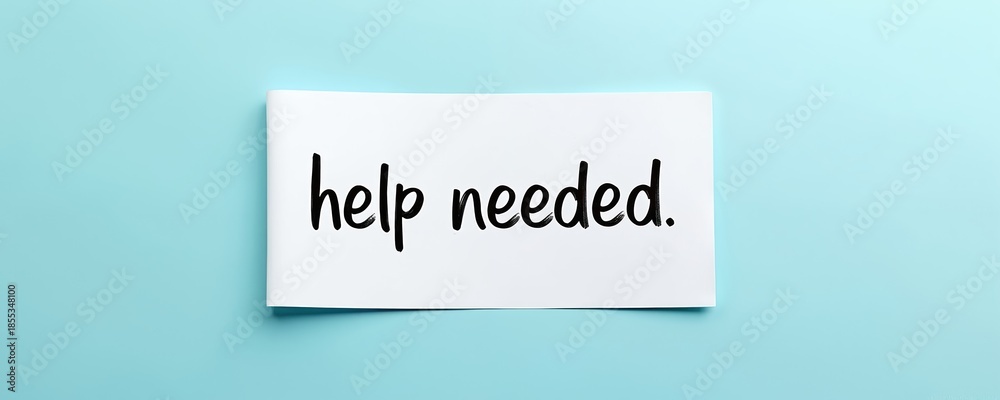 Fototapeta premium White paper card shows text help needed. Simple message written with black marker ink. Plain background shows light blue color. This implies request for aid or support.
