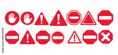 Collection of red caution and prohibition icons featuring multiple shapes and symbols, suitable for safety manuals, warning graphics, regulatory signs, industrial