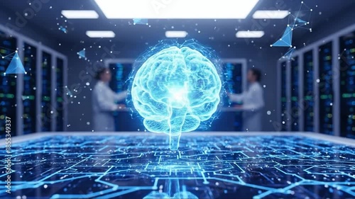 Digital brain hologram in futuristic data center, AI technology concept