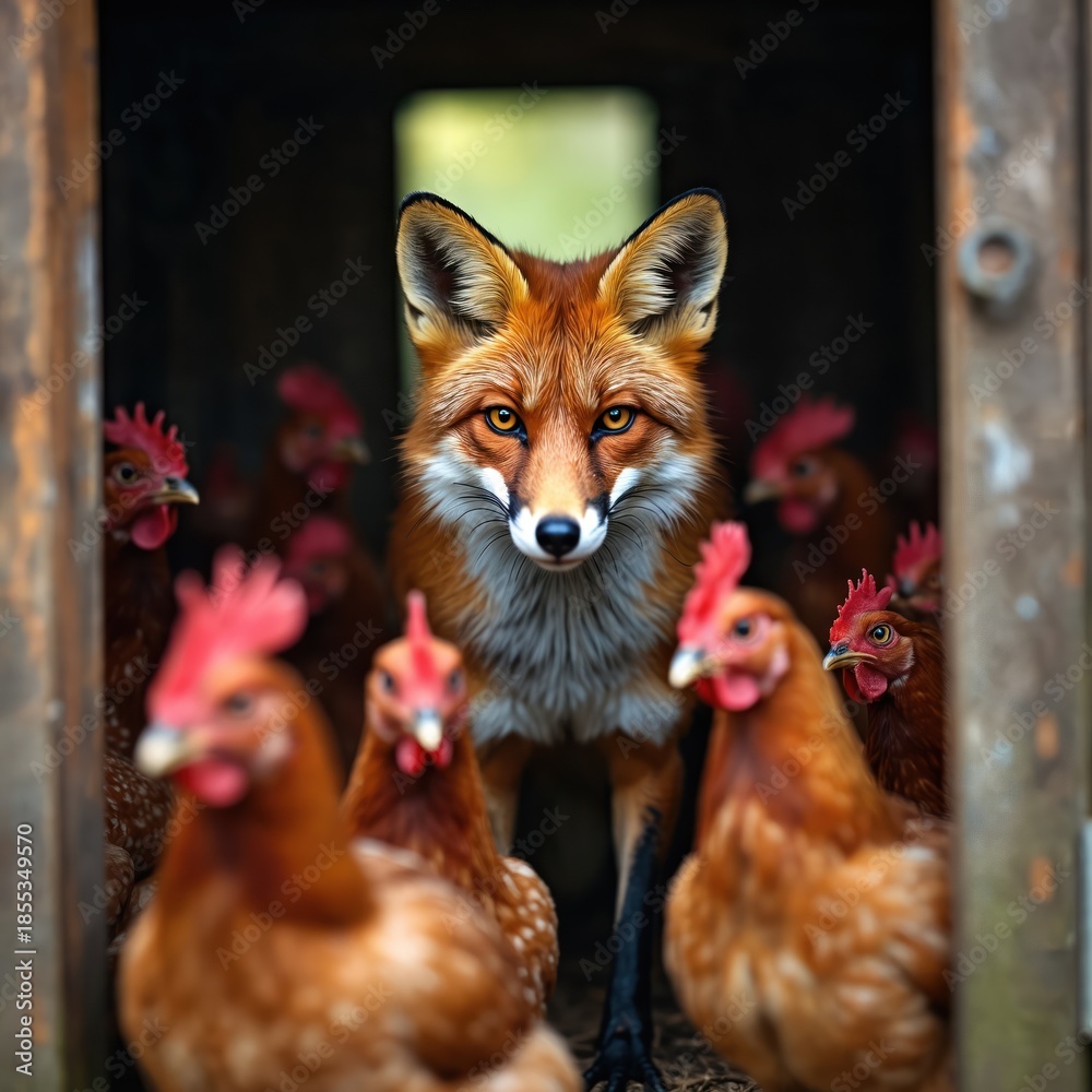 Fototapeta premium Red fox stands inside coop surrounded by several brown hens. Predator looks directly at camera with intense eyes. Chickens appear unaware of danger in wooden shelter. Nature wildlife animal encounter.