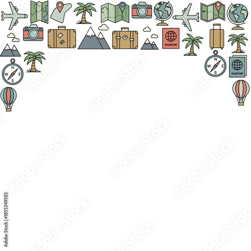 Travel Banner with Thin Line Icons Frame — Minimal Vector Style on White Background with Spacious Center
