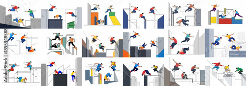 Dynamic Parkour Athletes Collection: People Jumping, Climbing, and Vaulting Over Urban Obstacles in Various Action Poses.