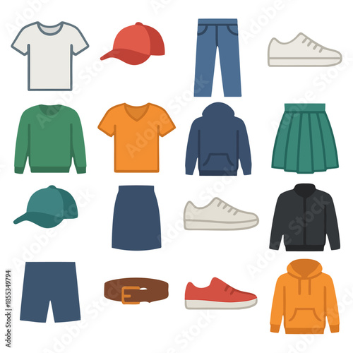 Trendy Attire Collection: A vibrant assortment of contemporary apparel essentials, showcasing diverse garments such as t-shirts, pants, hoodies, and accessories like caps and sneakers.
