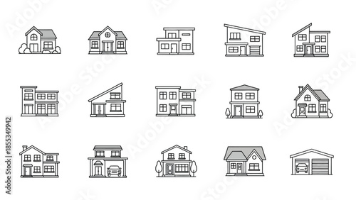 Collection of simple house icons in various architectural styles.