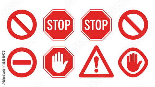 Collection of red stop, warning, and prohibition sign symbols, designed for workplace safety, traffic signage, hazard warnings