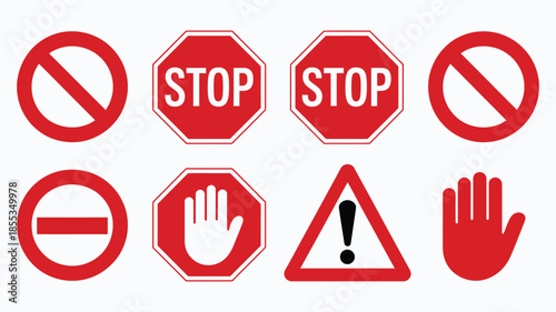 Collection of red warning, stop, and prohibition signs symbol set, featuring multiple shapes and icons for safety alerts
