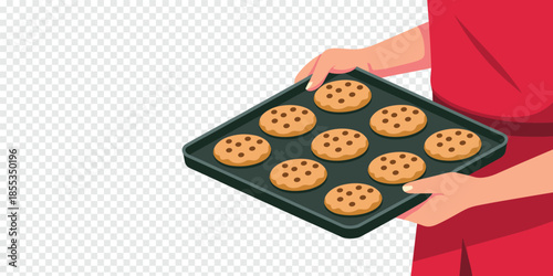 Hands Holding Baking Tray with Chocolate Chip Cookies, home baking concept