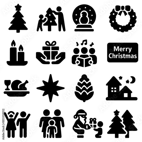 Festive Christmas Icons: a Collection of charming black icons related to the joyous christmas season. It is time for celebration and cheerful spirit.