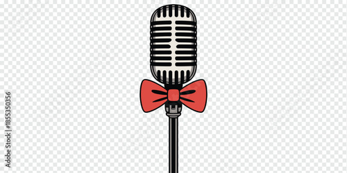 Vintage Microphone with Red Bow Tie Illustration, retro broadcasting concept