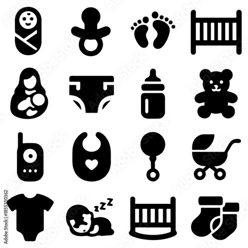 Baby Essentials Icons: A collection of simple black icons of baby care essentials, from swaddled newborns to tiny socks, representing every facet of early childhood.