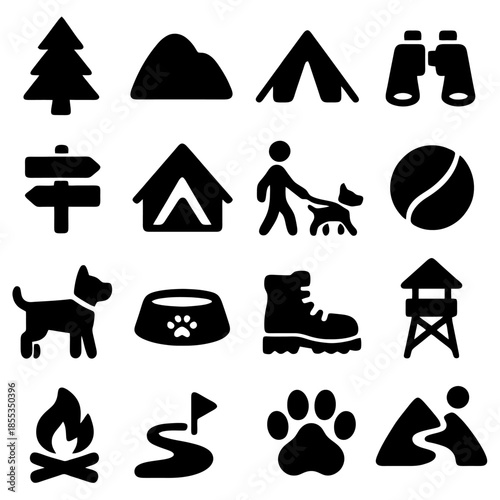Camping and Outdoors: A collection of camping and outdoor icons, perfect for representing adventure and nature, including mountain, camping, tent, dog and trail. 