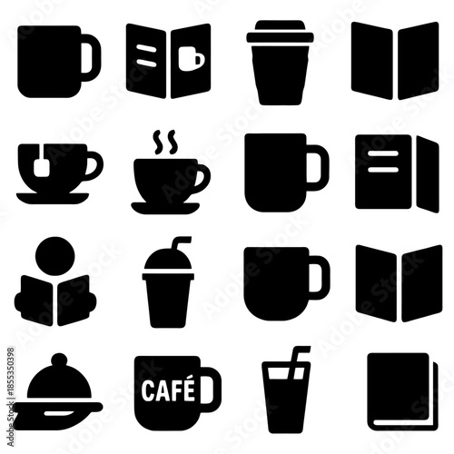 Coffee Cup Collection: An array of coffee cups and mugs and book icons, capturing the essence of a serene cafe experience, ideal for designs.