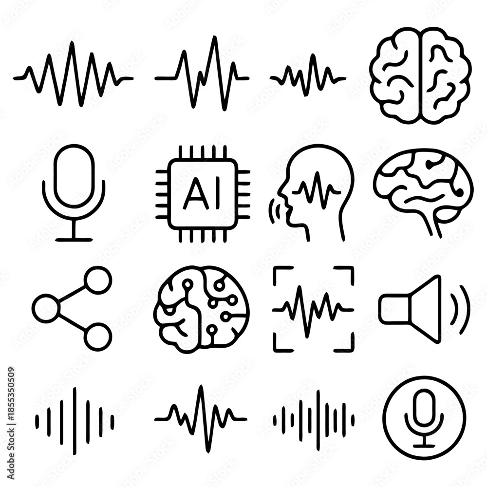 Fototapeta premium Digital Audio and Brain Wave Icons: An artistic array of vector icons representing sound waves, brain activity, and technological concepts, ideal for modern tech communication and creative concepts.