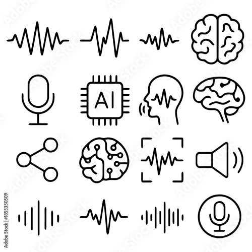 Digital Audio and Brain Wave Icons: An artistic array of vector icons representing sound waves, brain activity, and technological concepts, ideal for modern tech communication and creative concepts.