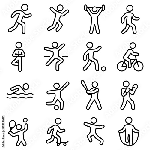 Iconic Actions: A set of simplified illustrations showcasing various sports and activities. The monochrome design emphasizes clarity and versatility for diverse applications.