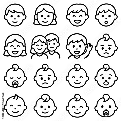 Character Expressions: A collection of simple, black outline illustrations of individuals and expressions, capturing a range of emotions and moods, perfect for design needs. 