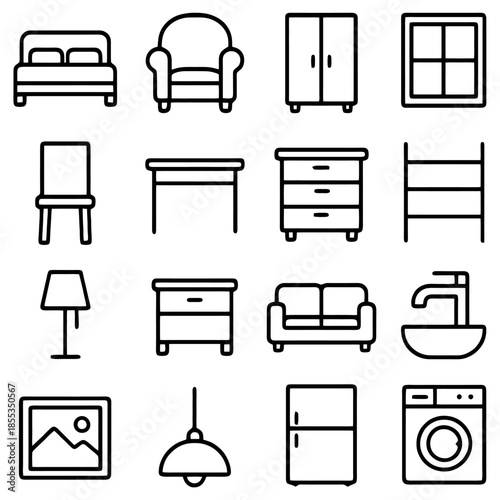 Furniture Icon Set: A comprehensive collection of meticulously crafted icons showcasing various furniture elements for interior design, emphasizing simplicity and visual appeal.