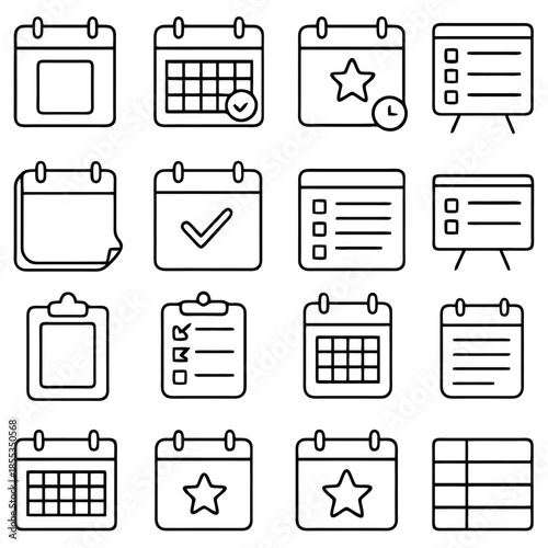 Calendar Icons Set: An assortment of modern, minimalist line art icons representing calendars, schedules, and important dates, each with clean lines and a unified style. 