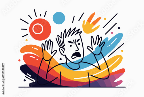 Animated Person Expressing Shock or Frustration Amidst Vibrant Abstract Shapes