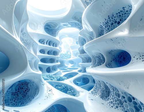 a stylized, abstract landscape depicting an intricate, geometric design in shades of blue and white