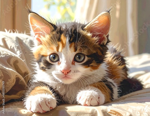 a cute kitten with orange and white fur laying on a couch