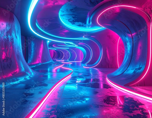 a vibrant, neon-lit underground scene with multiple curves and curves