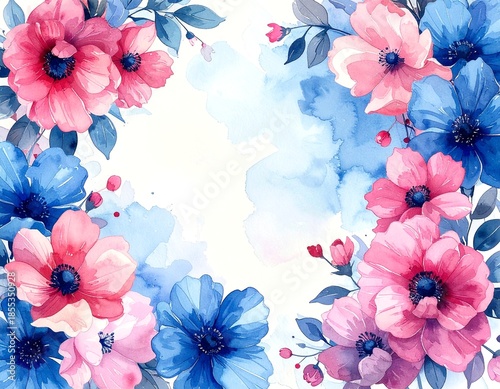 a vibrant watercolor floral arrangement featuring large, vibrant flowers in shades of pink and blue.