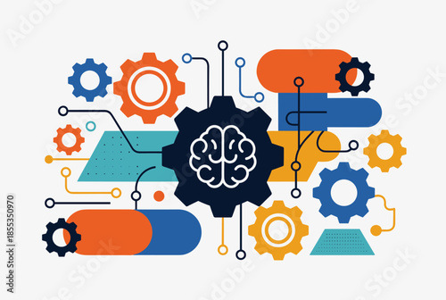 Conceptual Illustration of Ai Brain with Interconnected Gears and Digital Elements