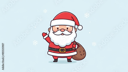 A cheerful cartoon santa claus waving with a brown sack on a light blue snowy background
