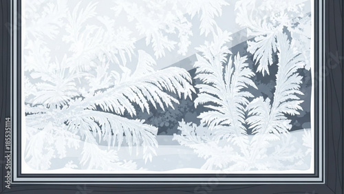 Snow covered pine trees with frosty branches and icy blue shadows in winter landscape scene