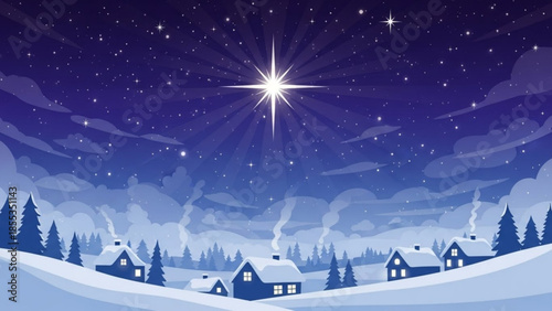 Snowy village under starry night sky with bright star shining above houses and trees