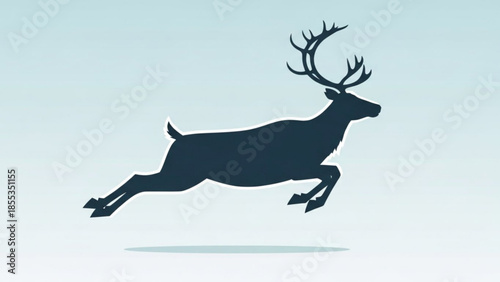 Dark silhouette of a leaping deer with large antlers on a gradient blue background