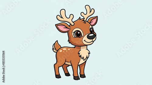 A cartoon reindeer with large eyes and antlers stands on a light blue background smiling cheerfully