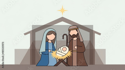 Mary, joseph, and baby jesus in a manger with a star above, christmas nativity scene