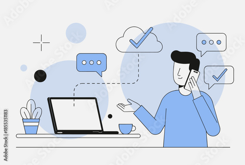 Man on Phone Working Remotely with Cloud Integration and Communication