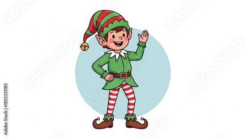 A smiling cartoon elf waving with one hand on hip and the other raised in greeting wearing green shirt