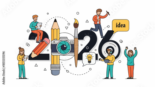Creative 2026 concept with tiny people brainstorming and working around large numbers and creative icons, representing ideas and innovation for the new year