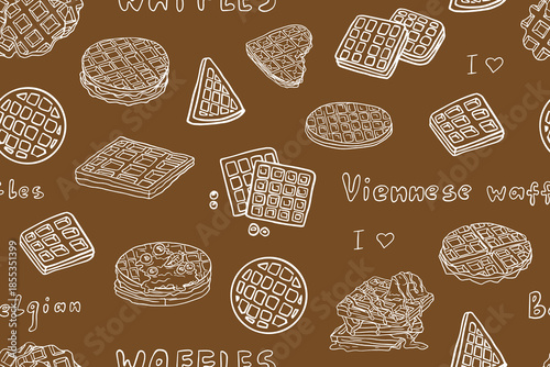 Seamless pattern of Viennese waffles in various shapes and with different fillings. Vienna and Belgian waffles. Breakfast. Dessert. Hand drawn