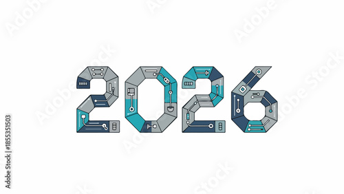 Year 2026 rendered with a modern, technical aesthetic, featuring integrated elements like gears and electronic components, ideal for conveying future concepts and innovation