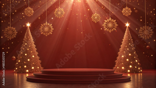 Elegant Christmas Stage Background with Golden Trees and Warm Lighting