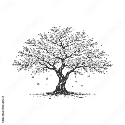 Detailed Bare Tree with Falling Leaves or Blossoms, Seasonal Nature and Life Cycle Concept, Hand Drawn Sketch Black and White Vector Illustration.