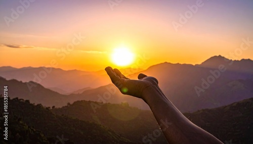Hand Reaching Towards Bright Sun Setting Over Layered Mountain Ridges During Golden Hour With Hazy Atmosphere