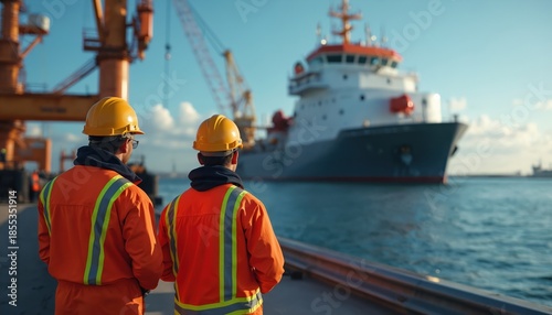 Two workers in orange uniforms and hard hats stand by the water. They watch a large ship and cranes in a busy port. Teamwork and job safety are important.