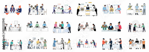 Professional event planning and catering team setting tables, arranging floral centerpieces, and coordinating schedules for formal banquets and restaurant service.