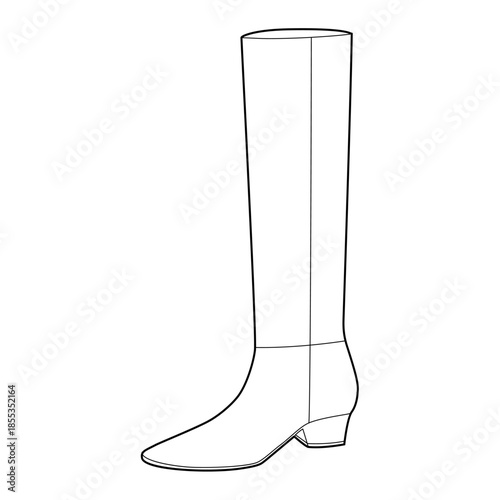 Classic block heel knee-high boot women single line pair. Smooth shaft with stacked heel for professional walk. Technical fashion illustration CAD mockup clean vector men unisex isolated classic style